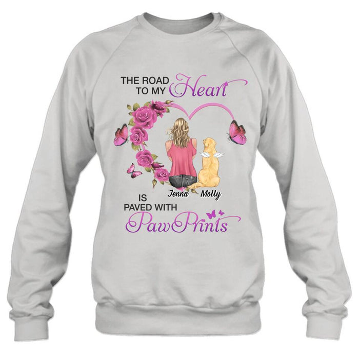 Custom Personalized Memorial Dog Mom T-shirt/ Long Sleeve/ Sweatshirt/ Hoodie - Memorial/ Mother's Day Gift For Dog Mom - The Road To My Heart Is Paved With Pawprints