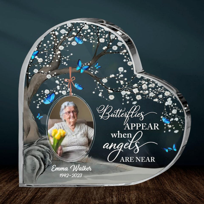 Custom Personalized Memorial Crystal Heart - Memorial Gift Idea - Upload Photo - Butterflies Appear When Angels Are Near