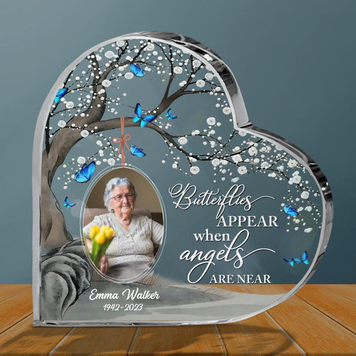 Custom Personalized Memorial Crystal Heart - Memorial Gift Idea - Upload Photo - Butterflies Appear When Angels Are Near