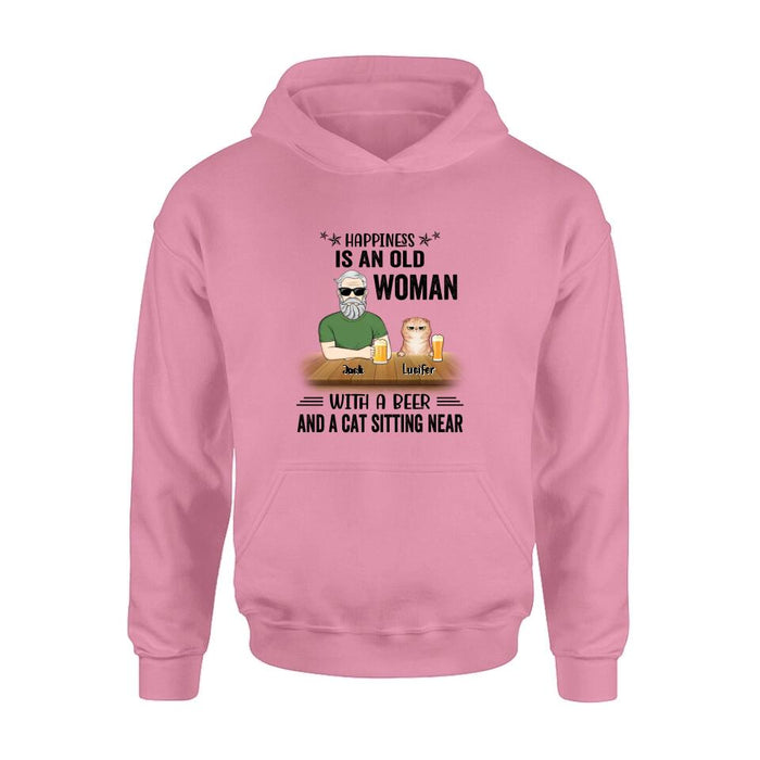 Custom Personalized Pet Lovers T-shirt - Gift Idea For Friends/Besties/Family - Happiness Is An Old Man With A Beer And A Cat Sitting Near