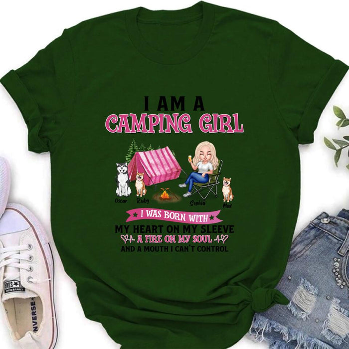 Custom Personalized Camping T-shirt/Hoodie/Sleeve/Sweater - Gift for Camping Lovers, Dog Lovers - Camping Queen Dog Mom - Up to 3 Dogs - I am a camping girl