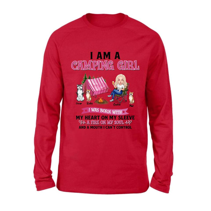 Custom Personalized Camping T-shirt/Hoodie/Sleeve/Sweater - Gift for Camping Lovers, Dog Lovers - Camping Queen Dog Mom - Up to 3 Dogs - I am a camping girl