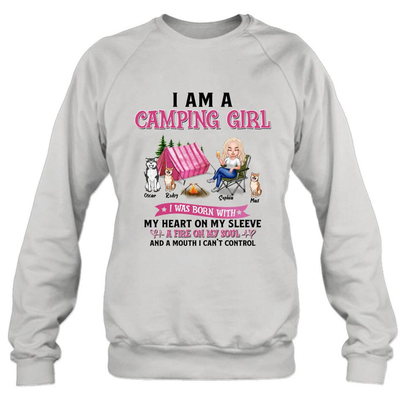 Personalized Camping T-shirt/Hoodie/Sleeve/Sweater - Gift for Camping Lovers, Dog Lovers - Camping Queen Dog Mom - Up to 3 Dogs - I am a camping girl