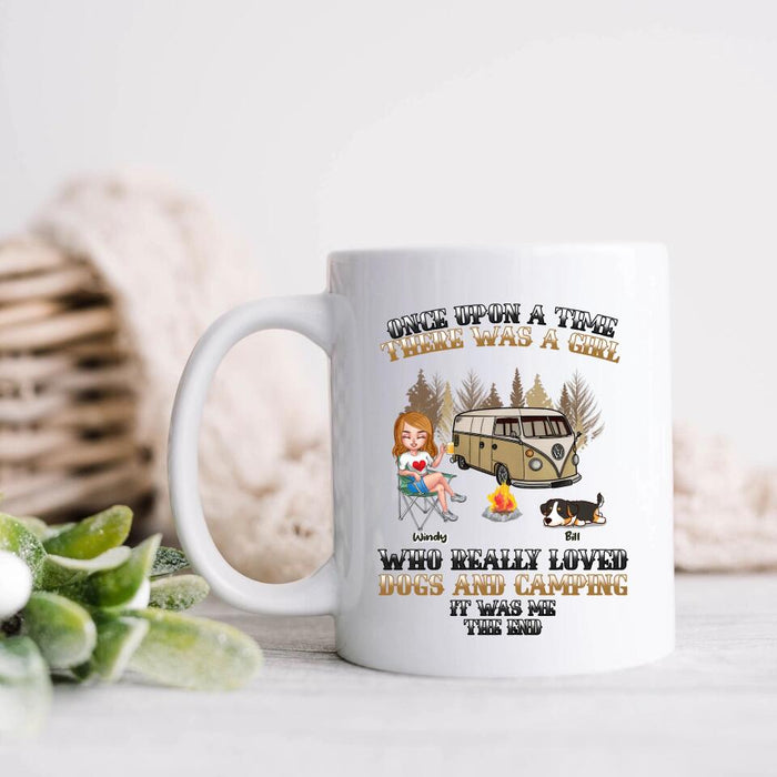 Custom Personalized Dog Camping Queen Coffee Mug - Gift Idea For Camping Lovers/Friends/ Dog Mom - Upto 3 Dogs - Once Upon A Time There Was A Girl Who Really Loved Dogs And Camping It Was Me The End