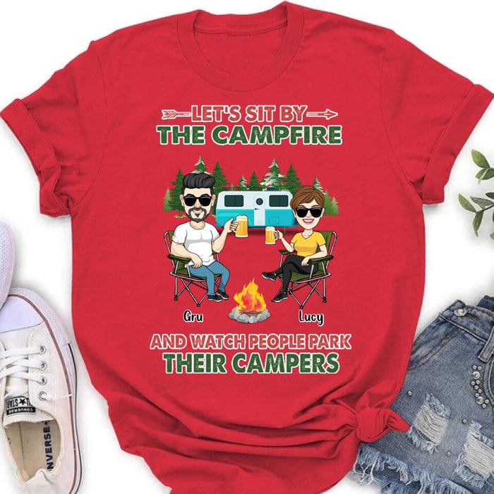 Custom Personalized Couple With Dogs Camping Shirt/ Hoodie - Couple With Up to 4 Dogs - Gift For Couple/ Camping/ Dog Lover - Let's Sit By The Campfire