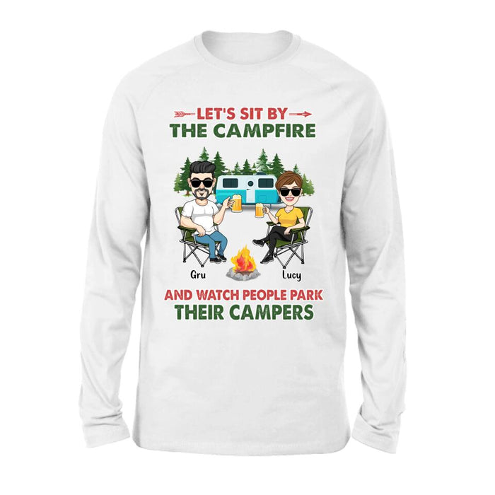 Custom Personalized Couple With Dogs Camping Shirt/ Hoodie - Couple With Up to 4 Dogs - Gift For Couple/ Camping/ Dog Lover - Let's Sit By The Campfire