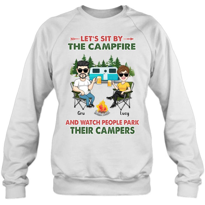 Custom Personalized Couple With Dogs Camping Shirt/ Hoodie - Couple With Up to 4 Dogs - Gift For Couple/ Camping/ Dog Lover - Let's Sit By The Campfire