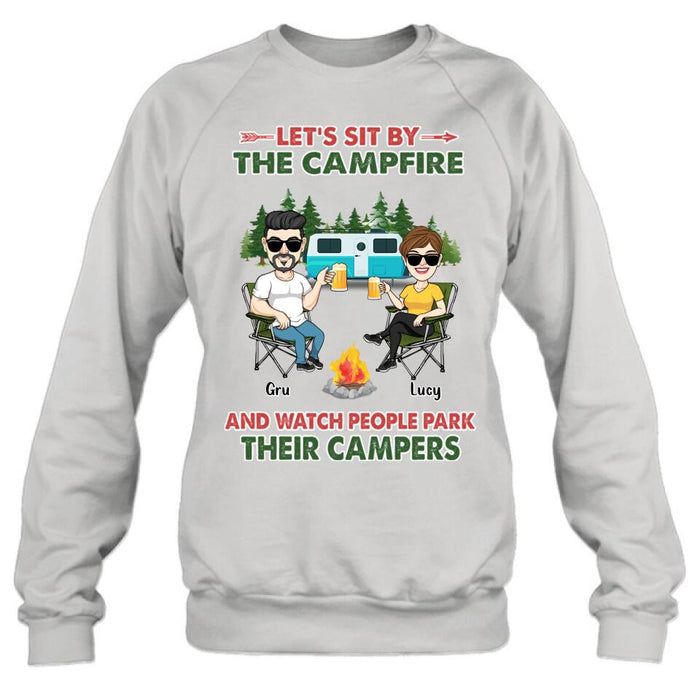 Custom Personalized Couple With Dogs Camping Shirt/ Hoodie - Couple With Up to 4 Dogs - Gift For Couple/ Camping/ Dog Lover - Let's Sit By The Campfire