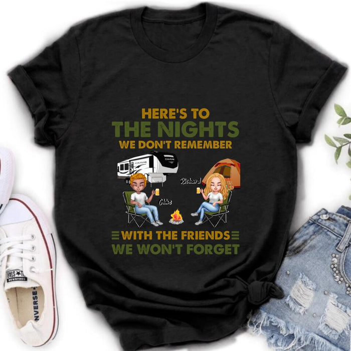 Custom Personalized Camping Friends Shirt/ Pullover Hoodie - Up to 7 People - Gift Idea For Friends/ Camping Lover - Here's To The Nights We Don't Remember With The Friends We Won't Forget