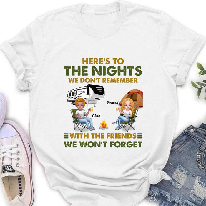 Custom Personalized Camping Friends Shirt/ Pullover Hoodie - Up to 7 People - Gift Idea For Friends/ Camping Lover - Here's To The Nights We Don't Remember With The Friends We Won't Forget