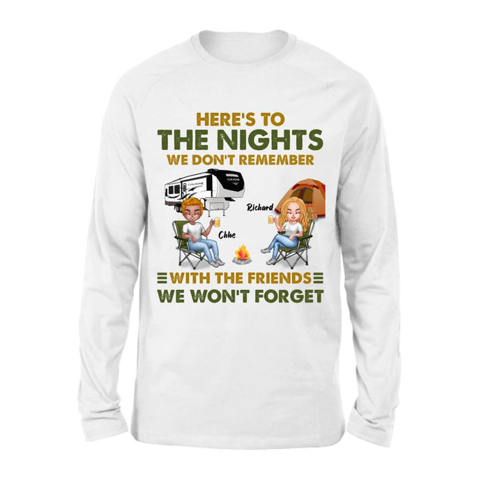 Custom Personalized Camping Friends Shirt/ Pullover Hoodie - Up to 7 People - Gift Idea For Friends/ Camping Lover - Here's To The Nights We Don't Remember With The Friends We Won't Forget