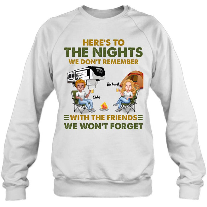 Custom Personalized Camping Friends Shirt/ Pullover Hoodie - Up to 7 People - Gift Idea For Friends/ Camping Lover - Here's To The Nights We Don't Remember With The Friends We Won't Forget