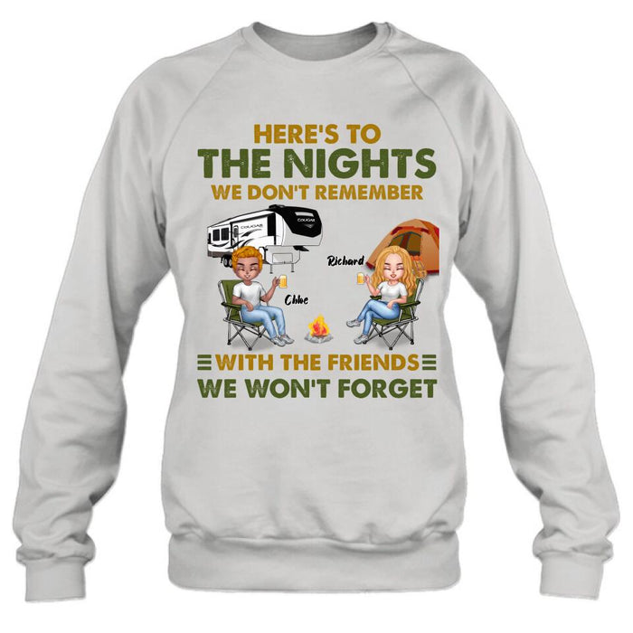 Custom Personalized Camping Friends Shirt/ Pullover Hoodie - Up to 7 People - Gift Idea For Friends/ Camping Lover - Here's To The Nights We Don't Remember With The Friends We Won't Forget