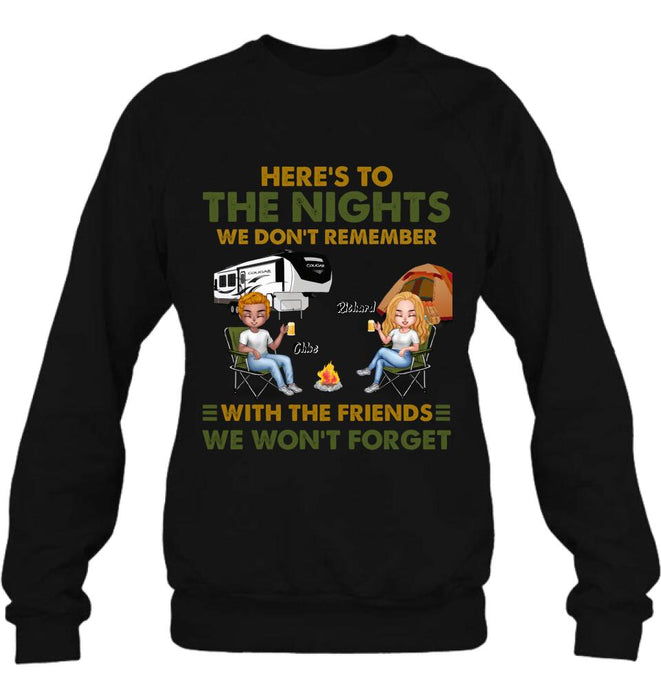 Custom Personalized Camping Friends Shirt/ Pullover Hoodie - Up to 7 People - Gift Idea For Friends/ Camping Lover - Here's To The Nights We Don't Remember With The Friends We Won't Forget