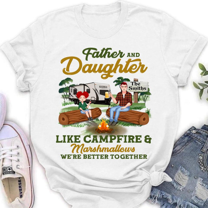 Custom Personalized Camping Dad Shirt/ Pullover Hoodie - Gift Idea For Father's Day/ Camping Lover - Father/ Parents With Upto 2 Kids And 4 Dogs - Father And Daughter Like Campfire & Marshmallows