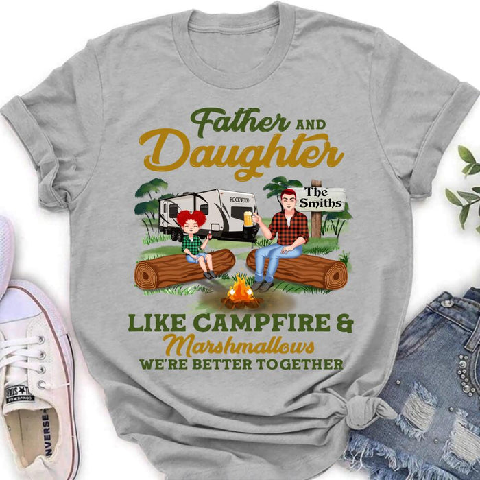 Custom Personalized Camping Dad Shirt/ Pullover Hoodie - Gift Idea For Father's Day/ Camping Lover - Father/ Parents With Upto 2 Kids And 4 Dogs - Father And Daughter Like Campfire & Marshmallows