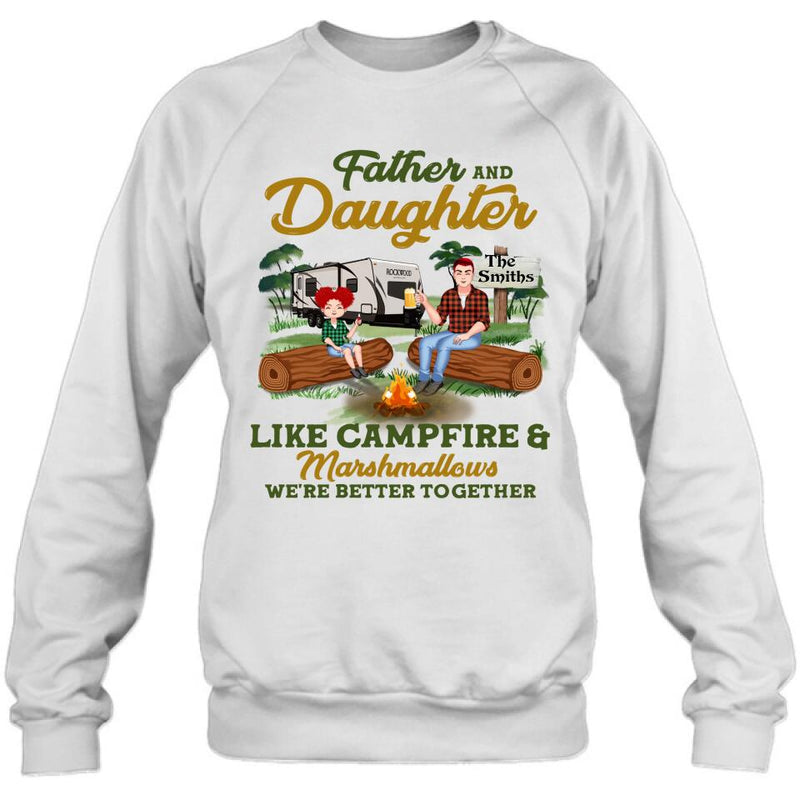Personalized Camping Dad Shirt/Pullover Hoodie - Father's Day Gift For Camping Lover - Dad/Parents With Up to 2 Kids And 4 Dogs - Father And Daughter Like Campfire & Marshmallows