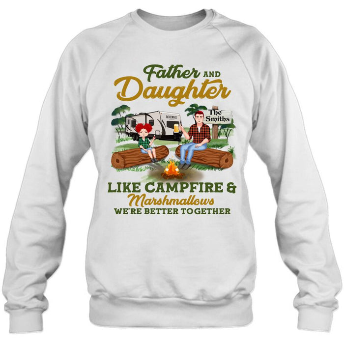 Custom Personalized Camping Dad Shirt/ Pullover Hoodie - Gift Idea For Father's Day/ Camping Lover - Father/ Parents With Upto 2 Kids And 4 Dogs - Father And Daughter Like Campfire & Marshmallows