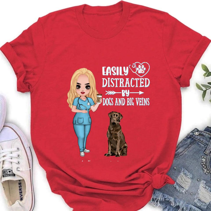 Personalized Nurse Dog Mom Shirt/Pullover Hoodie - Up to 5 Dogs - Gift Idea For Dog Lovers - Easily Distracted By Dogs And Big Veins