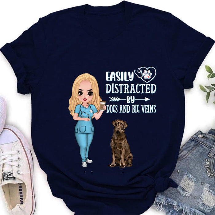 Personalized Nurse Dog Mom Shirt/Pullover Hoodie - Up to 5 Dogs - Gift Idea For Dog Lovers - Easily Distracted By Dogs And Big Veins