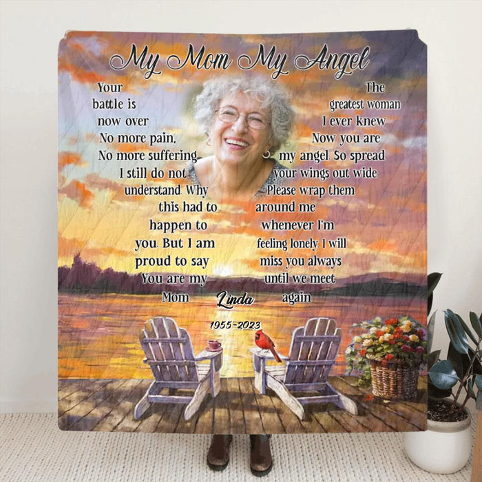 Custom Personalized Memorial Photo Quilt/Single Layer Fleece Blanket - Gift Idea For Mother's Day/Wife - My Mom/Wife My Angel