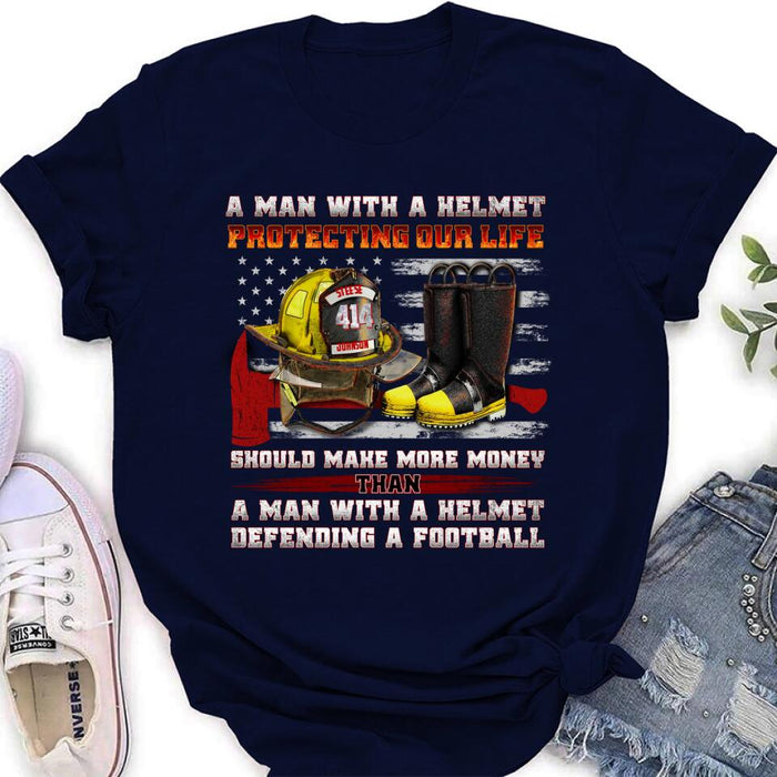 Custom Personalized Firefighter Shirt/ Hoodie - Gift Idea For Firefighter, Father's Day - A Man With A Helmet Protecting Our Life