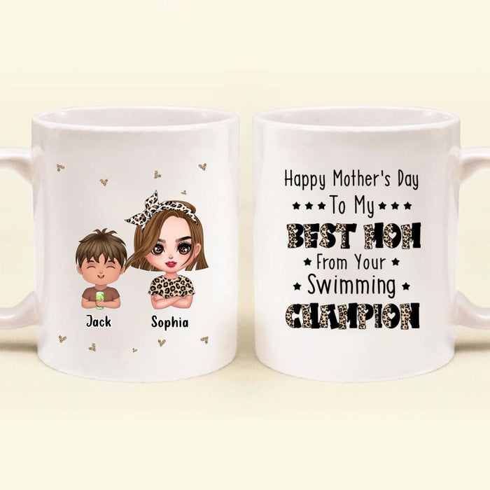 Custom Personalized Mother Coffee Mug - Mom With Upto 4 Children - Mother's Day Gift To Mom - Happy Mother's Day To My Best Mom From Your Swimming Champion