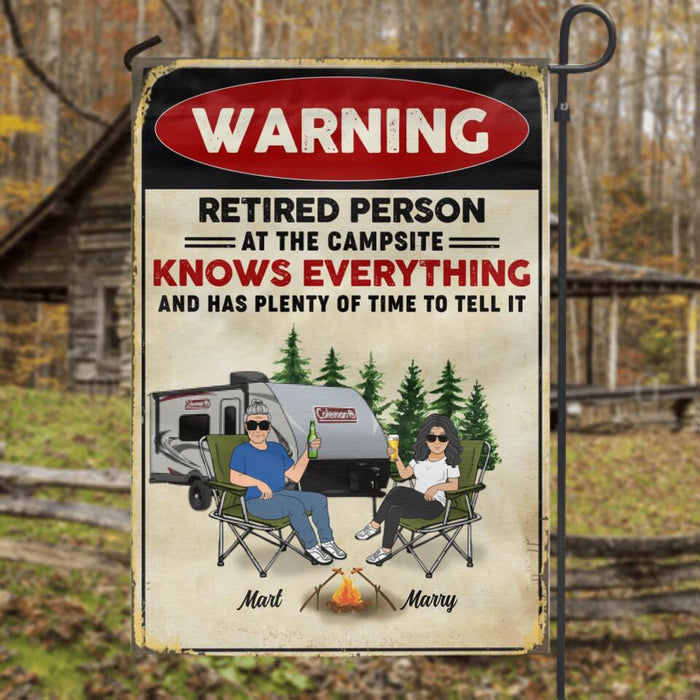 Custom Personalized Retired Couple Flag Sign - Gift Idea For The Retired/Mother's Day/Father's Day - Warning Retired Person At The Campsite Knows Everything