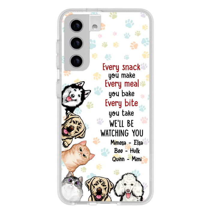 Custom Personalized Pets Phone Case - Upto 6 Dogs/Cats - Mother's Day Gift for Dog/Cat Lovers - Every Snack You Make Every Meal You Bake Every Bite You Take We'll Be Watching You - Case for iPhone/Samsung