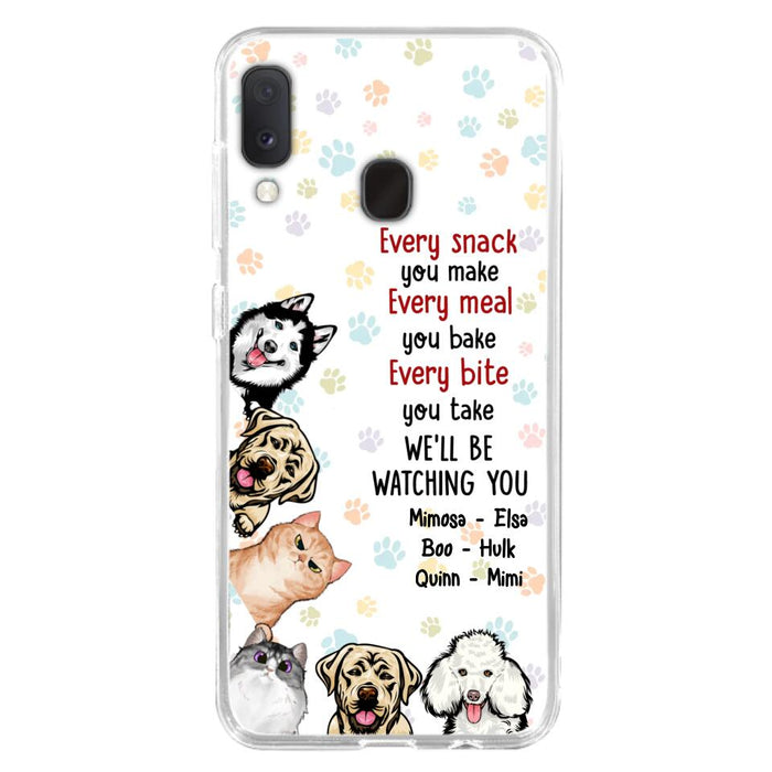 Custom Personalized Pets Phone Case - Upto 6 Dogs/Cats - Mother's Day Gift for Dog/Cat Lovers - Every Snack You Make Every Meal You Bake Every Bite You Take We'll Be Watching You - Case for iPhone/Samsung