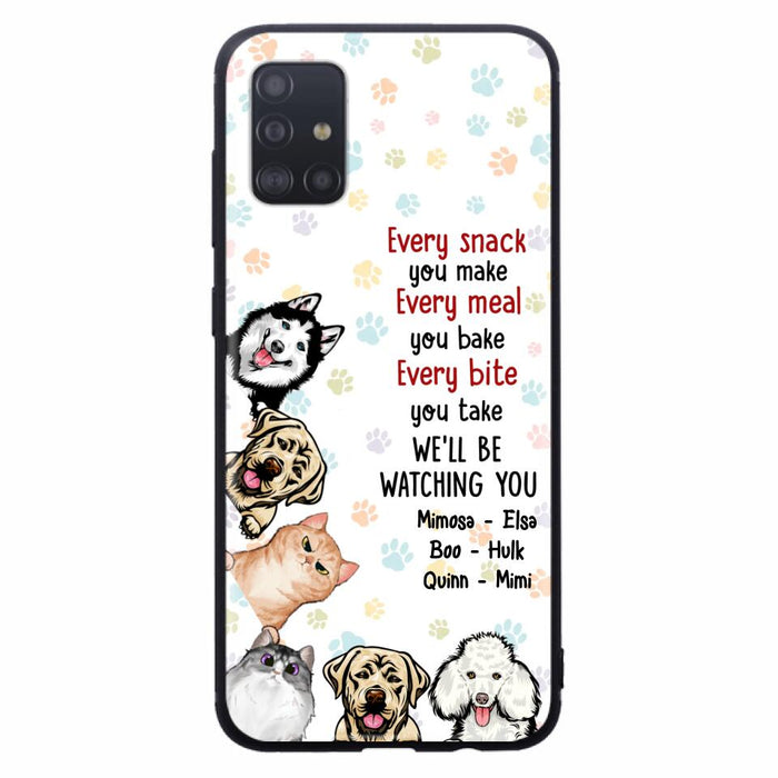 Custom Personalized Pets Phone Case - Upto 6 Dogs/Cats - Mother's Day Gift for Dog/Cat Lovers - Every Snack You Make Every Meal You Bake Every Bite You Take We'll Be Watching You - Case for iPhone/Samsung