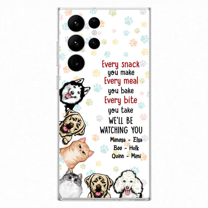 Custom Personalized Pets Phone Case - Upto 6 Dogs/Cats - Mother's Day Gift for Dog/Cat Lovers - Every Snack You Make Every Meal You Bake Every Bite You Take We'll Be Watching You - Case for iPhone/Samsung