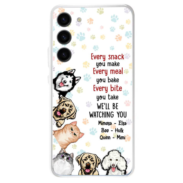 Custom Personalized Pets Phone Case - Upto 6 Dogs/Cats - Mother's Day Gift for Dog/Cat Lovers - Every Snack You Make Every Meal You Bake Every Bite You Take We'll Be Watching You - Case for iPhone/Samsung