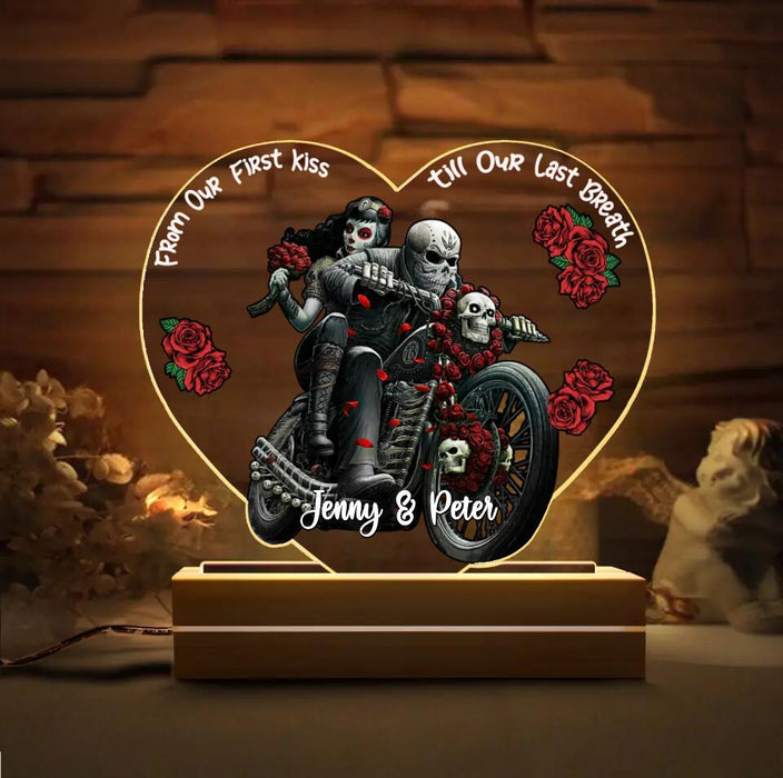 Custom Personalized Biker Skeleton Couple Acrylic Night Light - Gift Idea For Couple/Her/Him - From Our First Kiss Till Our Last Breath