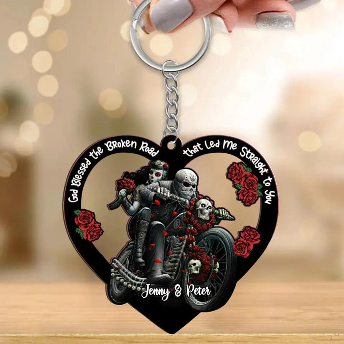 Custom Personalized Biker Skeleton Couple Wooden Keychain - Gift Idea For Couple/Her/Him - God Blessed The Broken Road That Led Me Straight To You