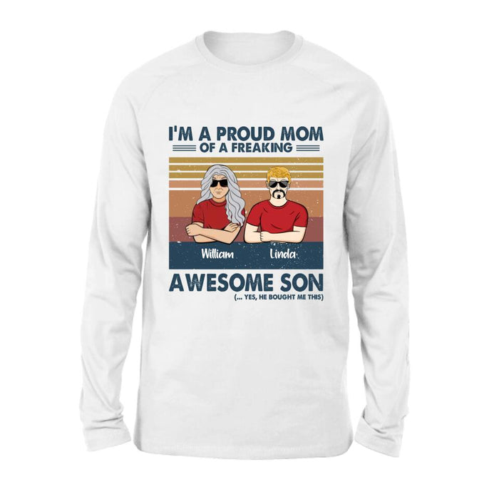 Custom Personalized Parent With Children Shirt/Long Sleeve/Hoodie/Sweatshirt - Gift Idea For Mother's Day/Father's Day - Upto 4 Children - I'm A Proud Mom Of A Freaking Awesome Son