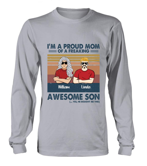 Custom Personalized Parent With Children Shirt/Long Sleeve/Hoodie/Sweatshirt - Gift Idea For Mother's Day/Father's Day - Upto 4 Children - I'm A Proud Mom Of A Freaking Awesome Son