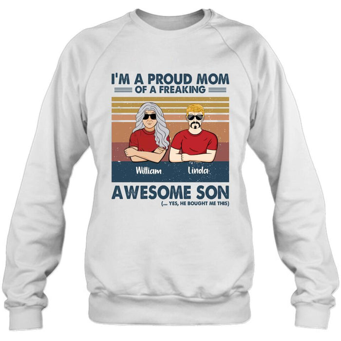 Custom Personalized Parent With Children Shirt/Long Sleeve/Hoodie/Sweatshirt - Gift Idea For Mother's Day/Father's Day - Upto 4 Children - I'm A Proud Mom Of A Freaking Awesome Son