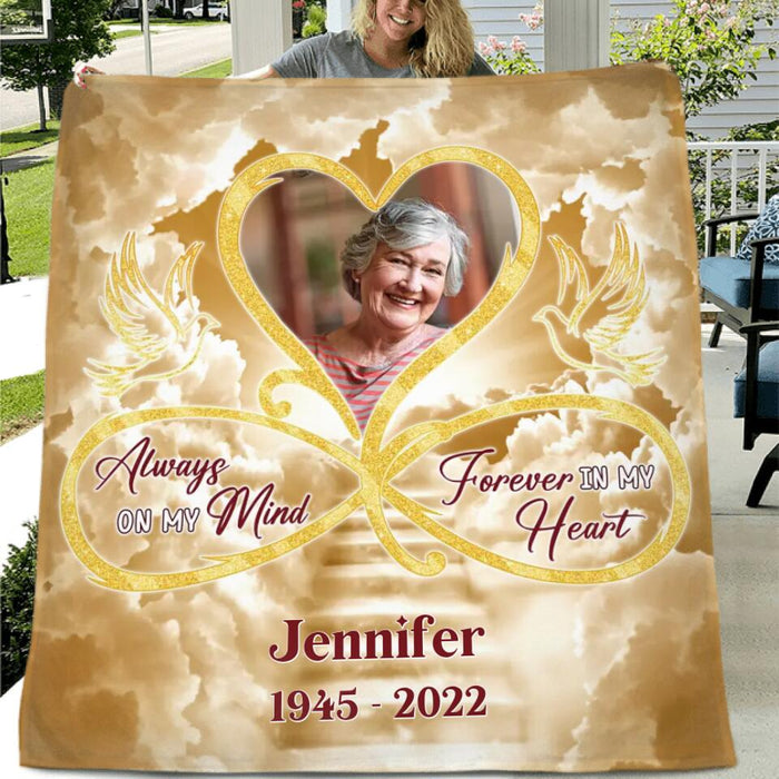 Custom Personalized Memorial Photo Singer Layer Fleece/Quilt Blanket/Pillow Cover - Memorial Gift Idea For Mother's Day/Father's Day - Always On My Mind Forever In My Heart