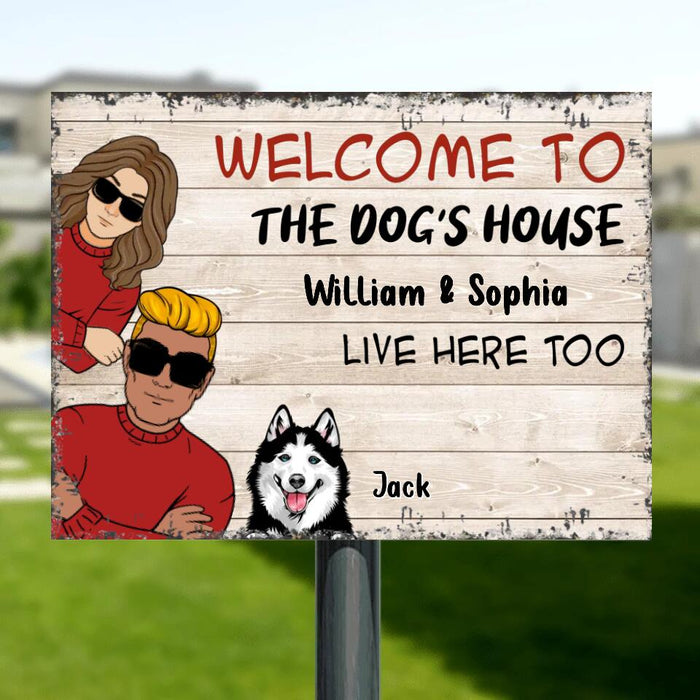 Custom Personalized Couple With Dogs Metal Sign - Gift Idea For Couple/ Dog Lover - Upto 4 Dogs - Welcome To The Dogs' House