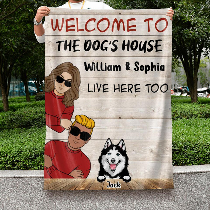 Custom Personalized Couple With Dogs Flag Sign - Gift Idea For Couple/ Dog Lover - Upto 3 Dogs - Welcome To The Dog's House