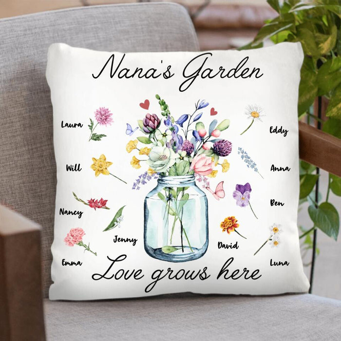 Custom Personalized Grandma Pillow Cover - Upto 10 Kids - Mother's Day Gift For Grandma - Nana's Garden Love Grows Here