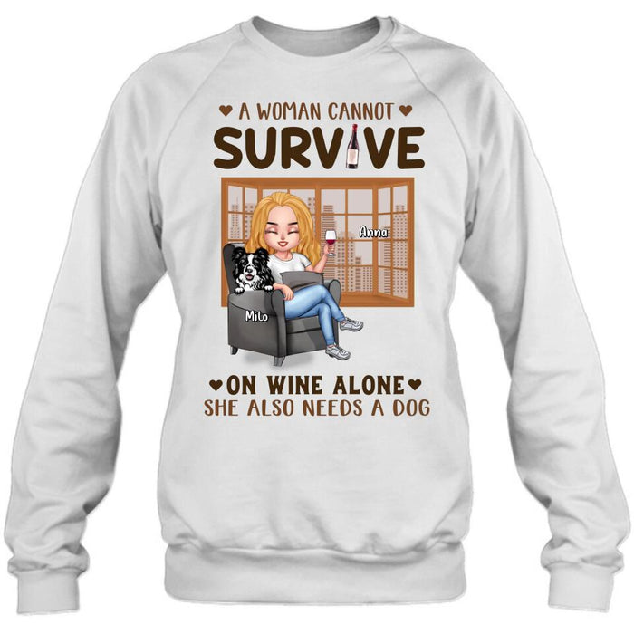 Custom Personalized Pet Mom T-Shirt/Long Sleeve/Sweater/Hoodie - Upto 4 Dogs/Cats - Mother's Day Gift Idea For Dog/Cat Lovers - A Woman Cannot Survive On Wine Alone She Also Needs A Dog