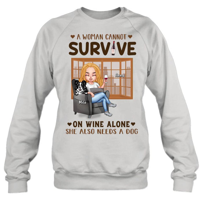 Custom Personalized Pet Mom T-Shirt/Long Sleeve/Sweater/Hoodie - Upto 4 Dogs/Cats - Mother's Day Gift Idea For Dog/Cat Lovers - A Woman Cannot Survive On Wine Alone She Also Needs A Dog