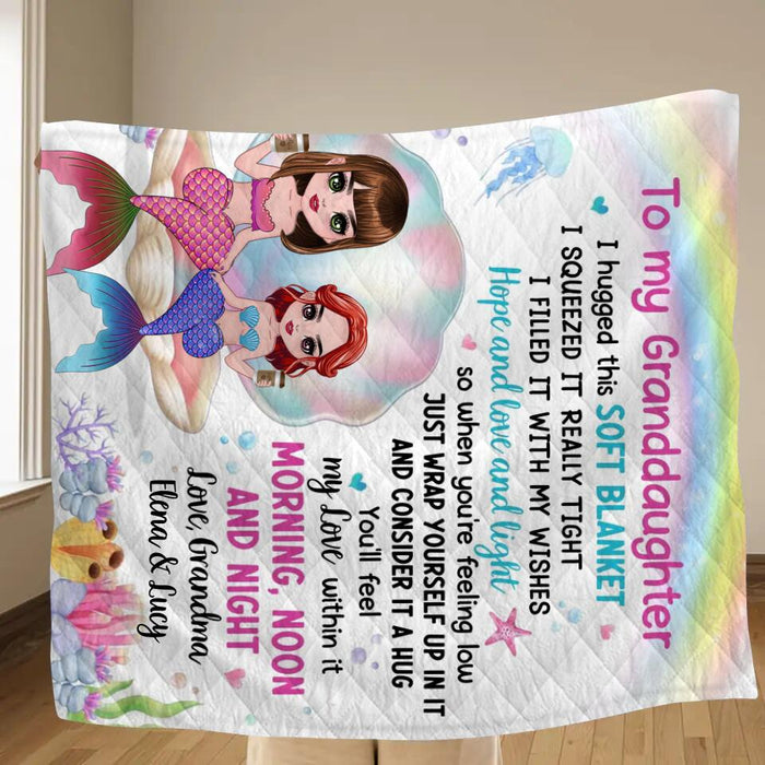 Custom Personalized Mermaid Grandma & Granddaughter Quilt/Single Layer Fleece Blanket - Gift Idea For Mermaid Lover - To My Granddaughter I Hugged This Soft Blanket