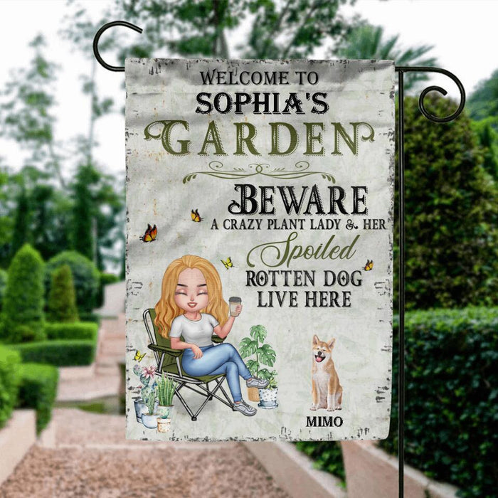 Custom Personalized Pet Mom Flag - Upto 5 Pets - Mother's Day Gift Idea For Dog/Cat/Chicken Lover - Beware A Crazy Plant Lady & Her Spoiled Rotten Dog Live Here