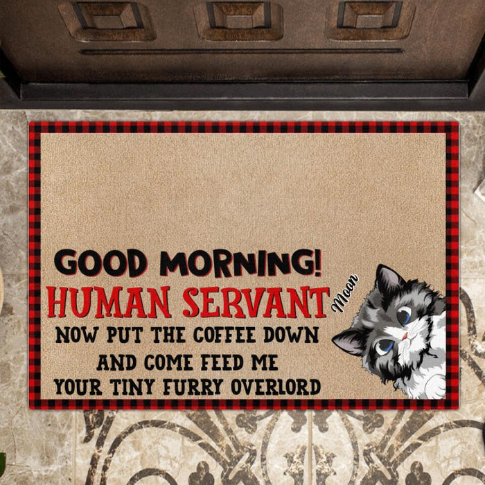 Custom Personalized Cat Doormat - Gift Idea For Cat Lovers with up to 5 Cats - Human Servant Now Put The Coffee Down And Come Feed Me Your Tiny Furry Overlord