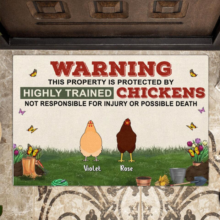 Custom Personalized Chicken Doormat - Up to 7 Chickens - Gift Idea For Chicken Lovers - Warning This Property Is Protected By Highly Trained Chickens Not Responsible For Injury Or Possible Death