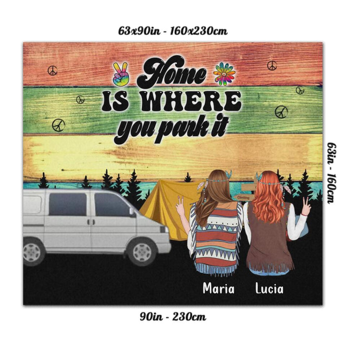 Custom Personalized Hippie Friends Rug - Gift Idea For Hippie Lovers - Up to 3 Girls - Home Is Where You Park It