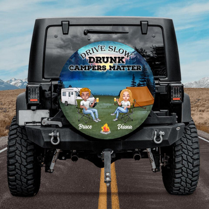 Custom Personalized Couple Camping Spare Tire Cover - Valentine's Day Gift Idea For Couple - Drive Slow Drunk Campers Matter